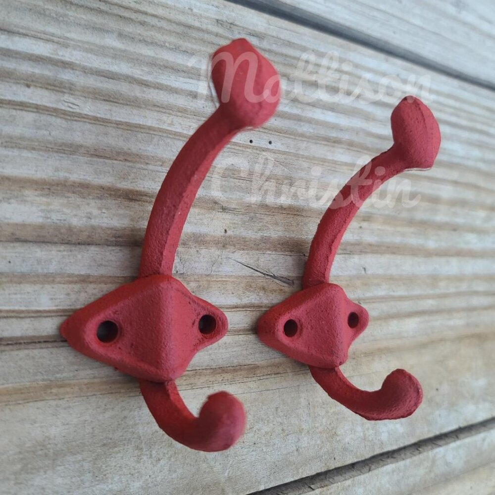 2 Red Cast Iron Coat Hat Towel Key Hook